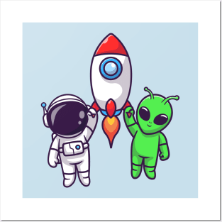 Cute Astronaut And Alien Flying With Rocket In Space Cartoon Posters and Art